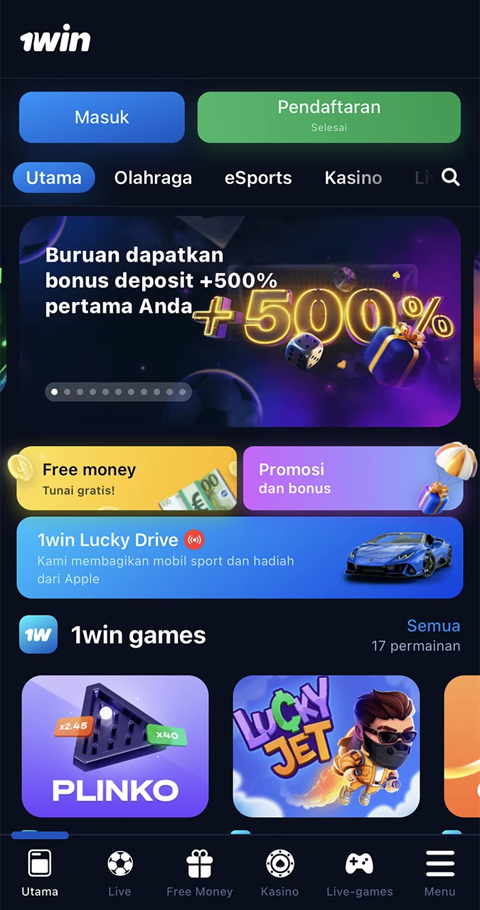 Home page in the 1win app.