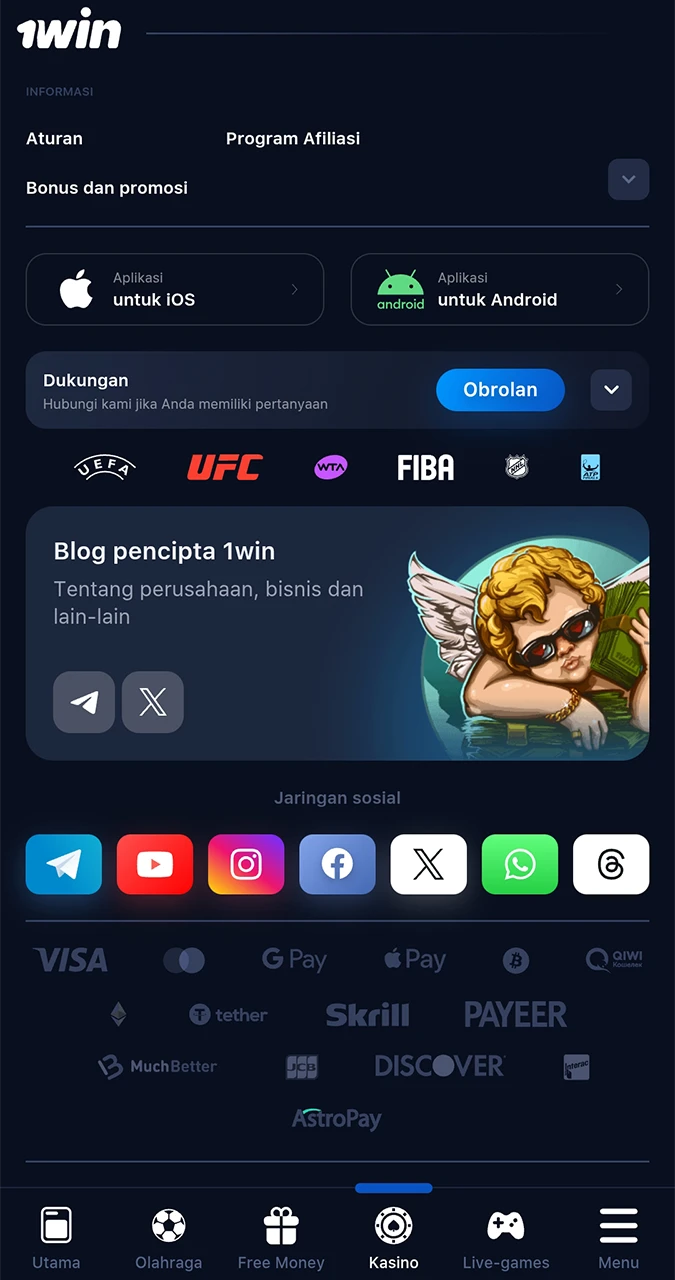 Select the Android icon to start downloading the 1win app.