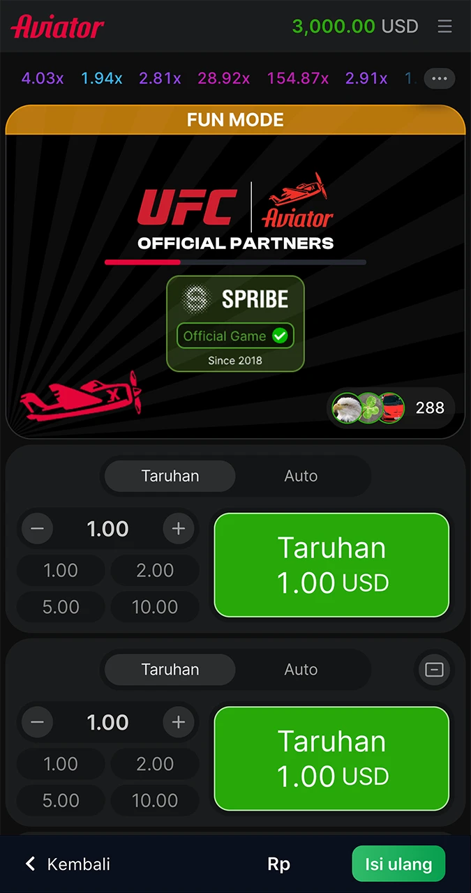 Halaman beranda di game Aviator dari kasino 1win.