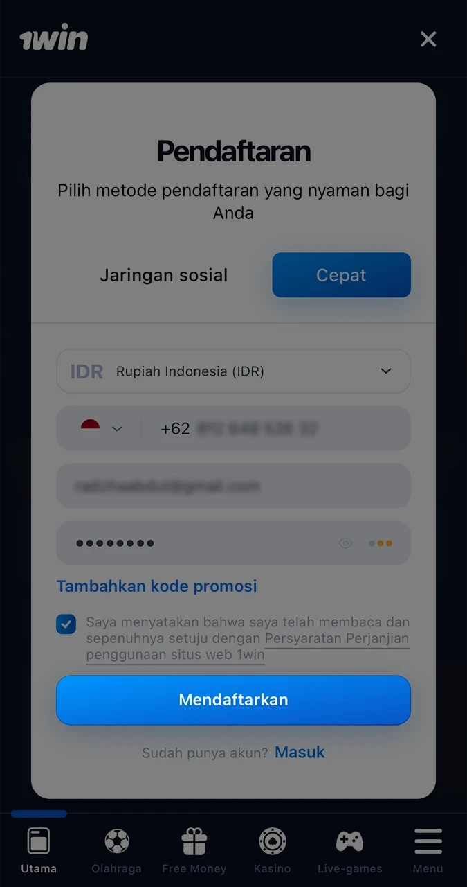 Konfirmasikan pendaftaran akun Anda di platform 1win.