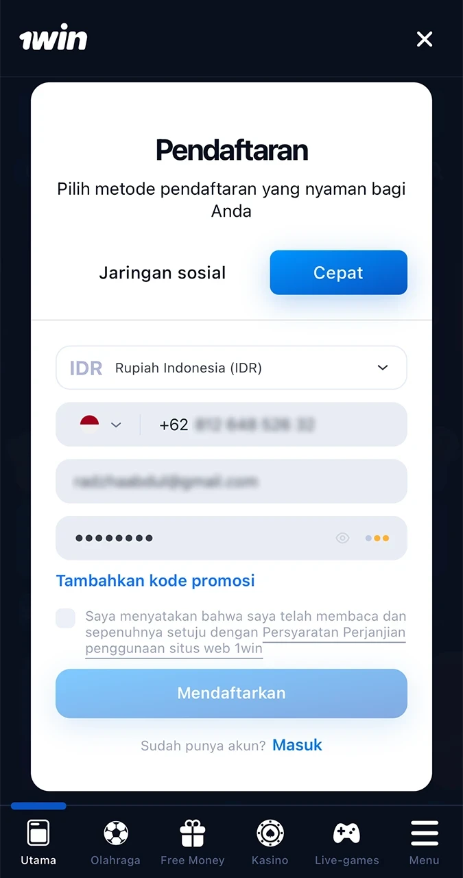 Hanya masukkan detail yang valid saat mendaftar dengan 1win.