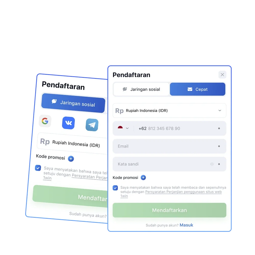 Daftarkan akun Anda menggunakan metode paling populer yang tersedia di 1win Casino.